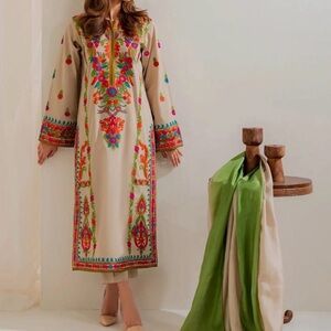 3 PC Floral Embroidered Long Sleeve Dress